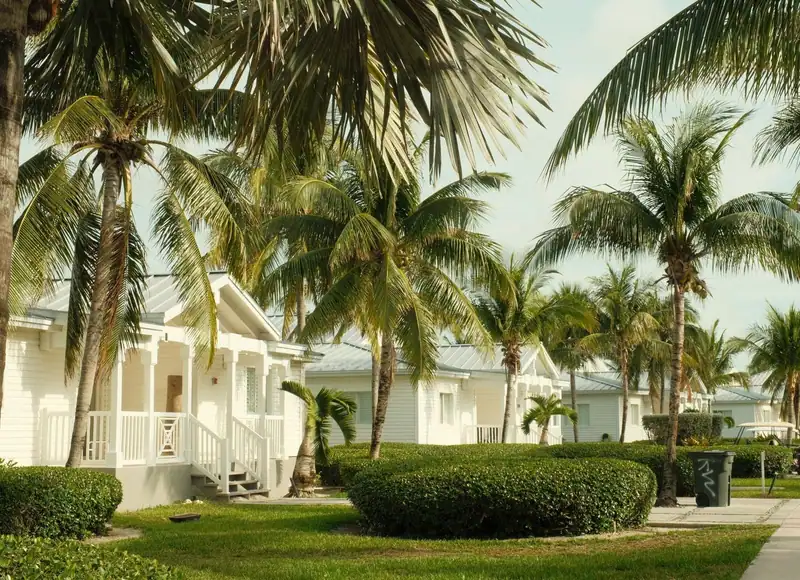 White Florida homes with palms and clipped hedges