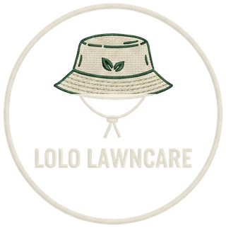 LoLo Lawncare logo: a bucket hat with two leaves inside a stitched ring