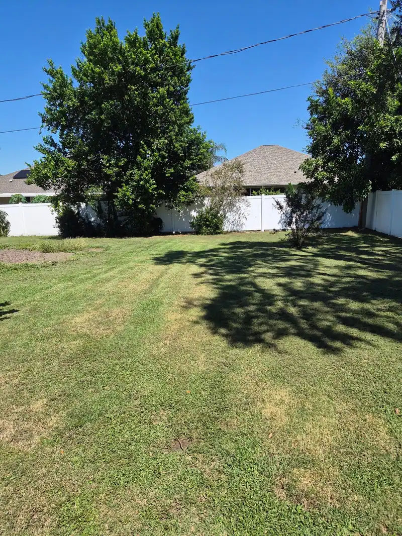A freshly mowed backyard with a white fence, a LoLo Lawncare job in the Tampa Bay area