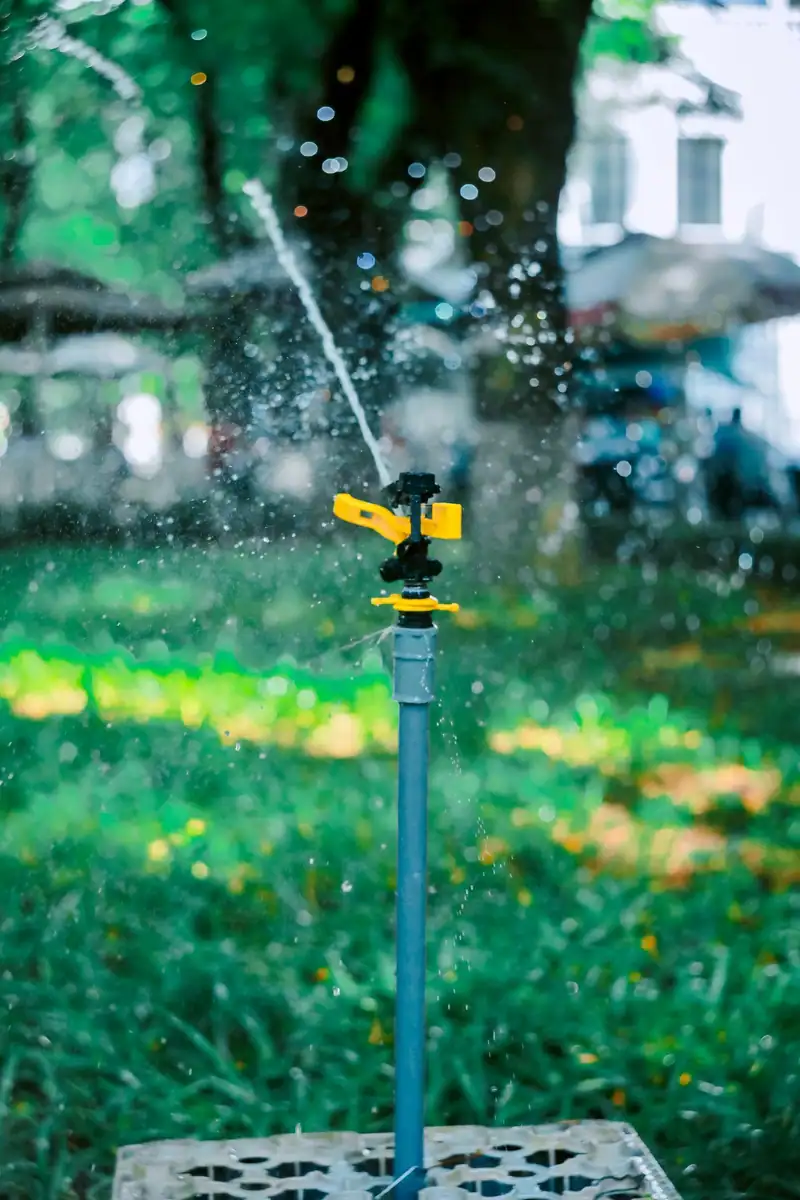 An impact sprinkler on a riser watering green grass