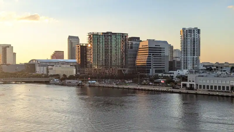 The Tampa skyline across the water at dusk